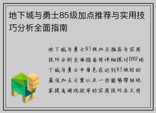 地下城与勇士85级加点推荐与实用技巧分析全面指南
