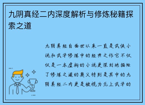 九阴真经二内深度解析与修炼秘籍探索之道